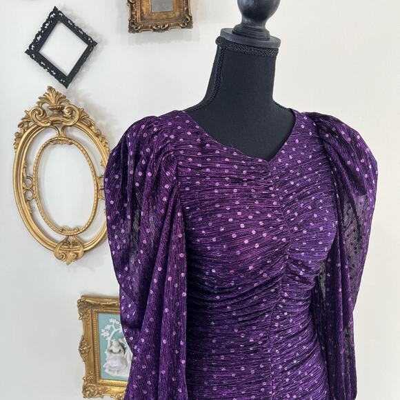 For Love & Lemons Purple Metallic Polka Dot Ruched Puff Sleeve Dress - Picture 3 of 8